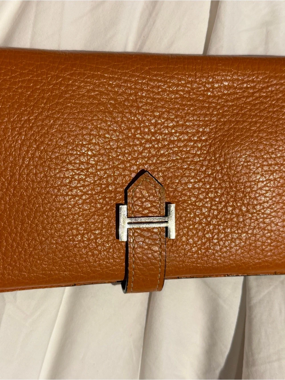 Hermes Cognac Brown Togo Leather Wallet with Silver H Closure